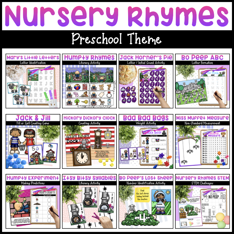 Nursery rhymes preschool theme with literacy activities, math activities, STEM challenges.