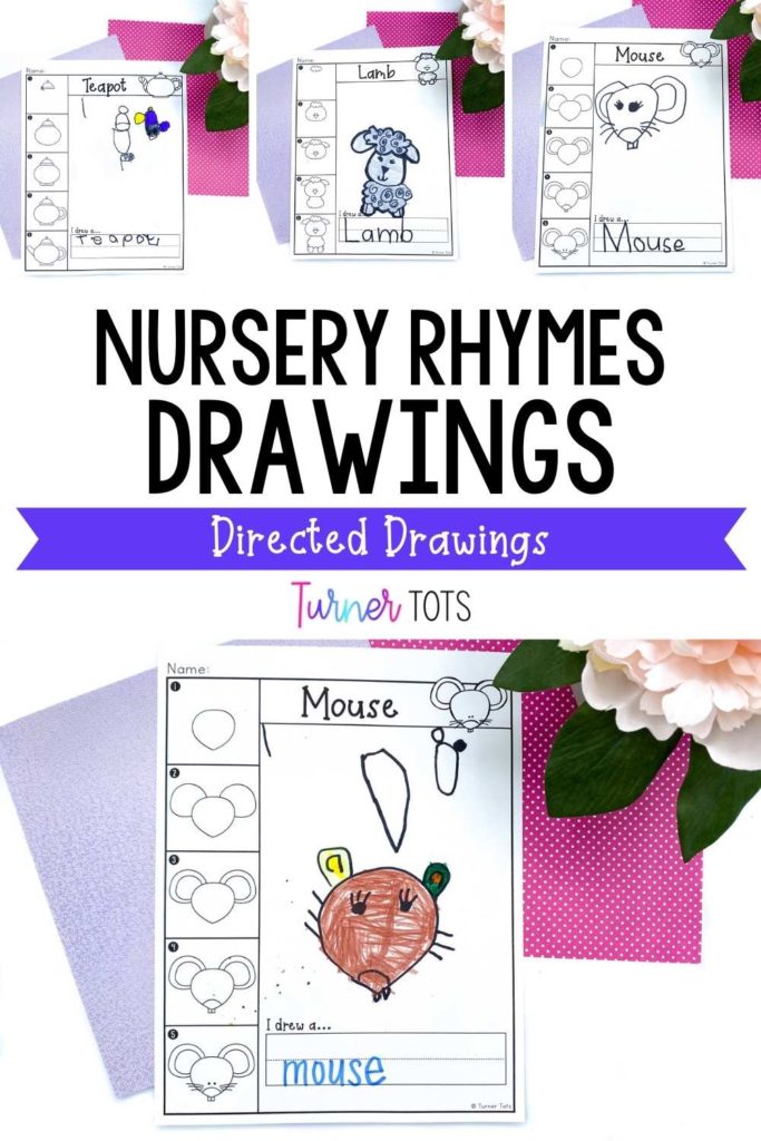 Nursery rhymes directed drawings include step-by-step instructions for drawing a mouse, a lamb, and a teapot.