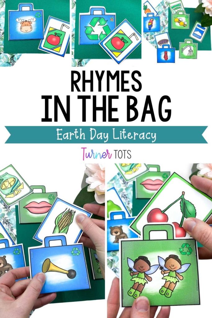 Printed recyclable bags in which preschoolers or toddlers can place the printed rhyming grocery item inside as an Earth Day literacy activity.
