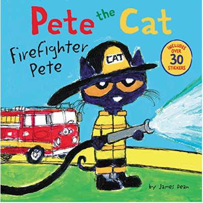 Firefighter Pete by James Dean with an illustrated cover of a cat spraying a firehose in front of a firetruck.