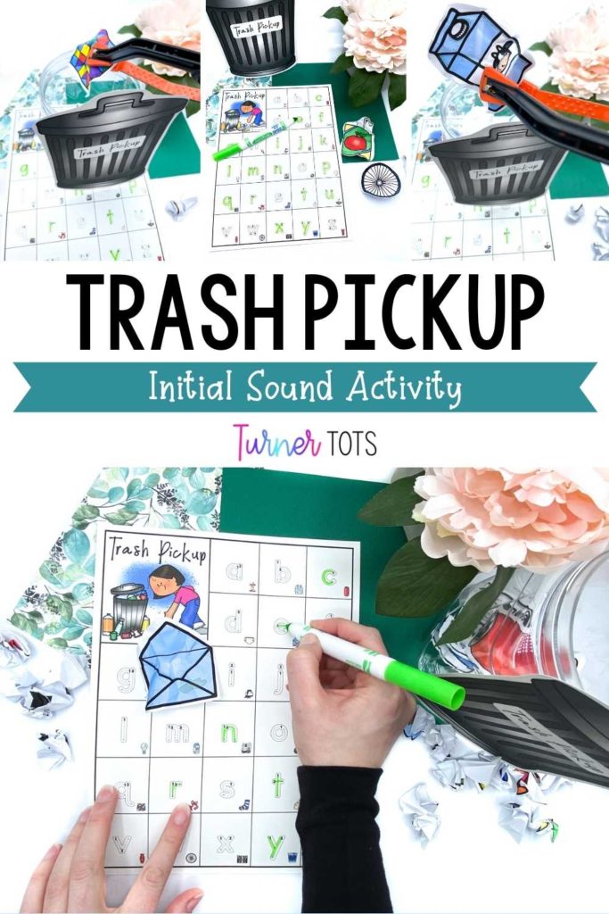 Trash pickup activity includes crumples printed trash items that start with every letter of the alphabet. Preschoolers pick it up with grabbers, trace the beginning letter on the recording sheet, and put it in the trash can.