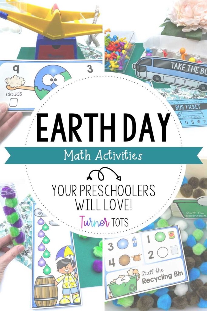 Earth Day math activities include weighing natural materials on the balance scale and comparing weights, a ten frame bus activity, raindrop patterns, and stuffing the recycling bin with pompoms.