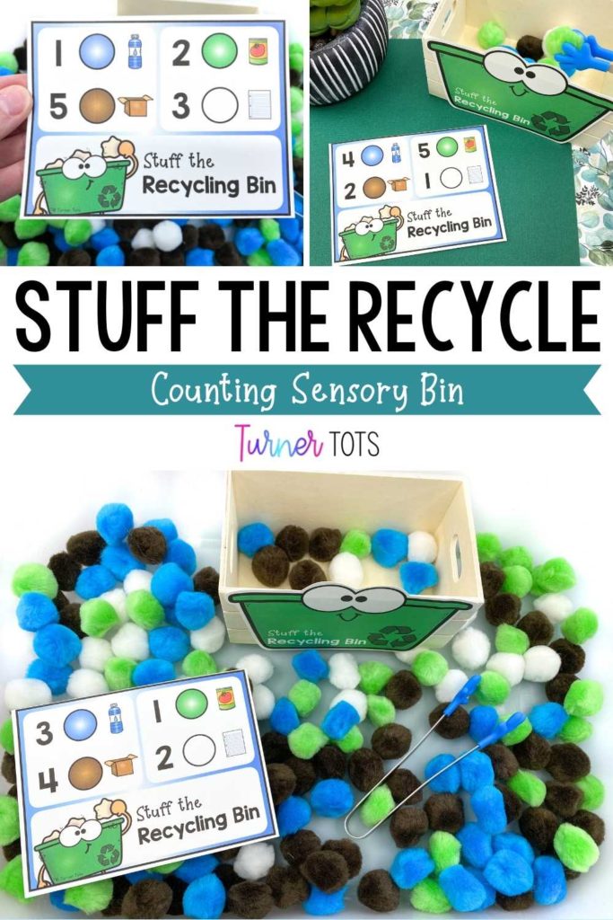 Stuff the Recycle counting sensory bin includes cards with numbers for each recyclable material and a corresponding pompom color for preschoolers to count in the recycling bin.