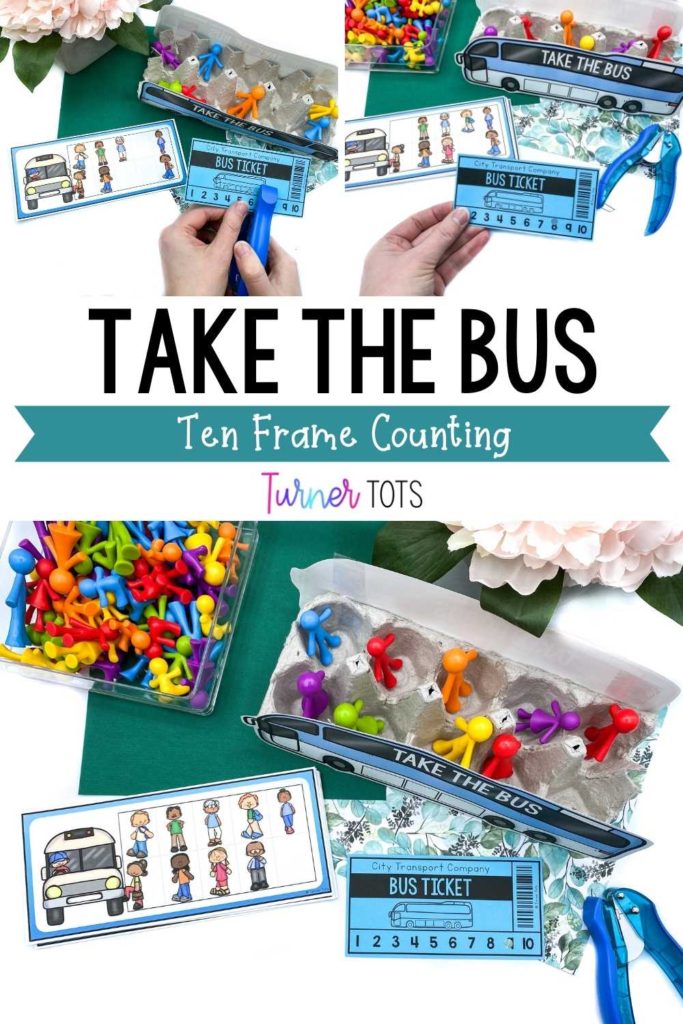 Take the Bus includes people counters in an egg carton bus with ten frames and a bus ticket as one of our Earth Day math activities.