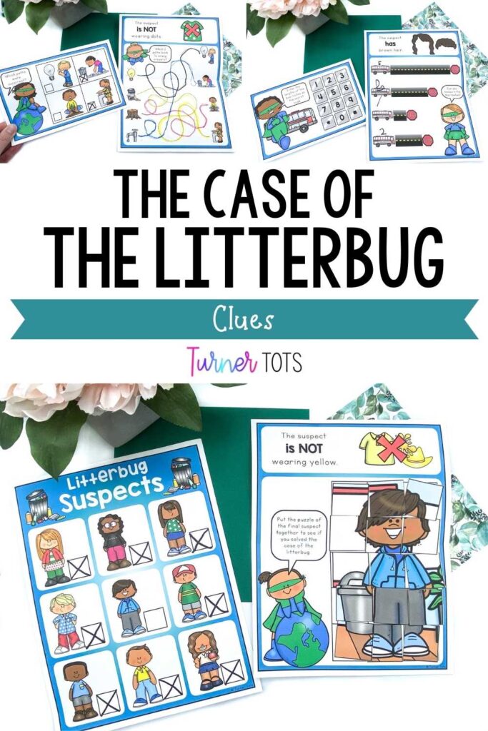 The Case of the Litterbug includes tracing clues, measurement clues, and the puzzle of the final suspect as an Earth Day scavenger hunt.