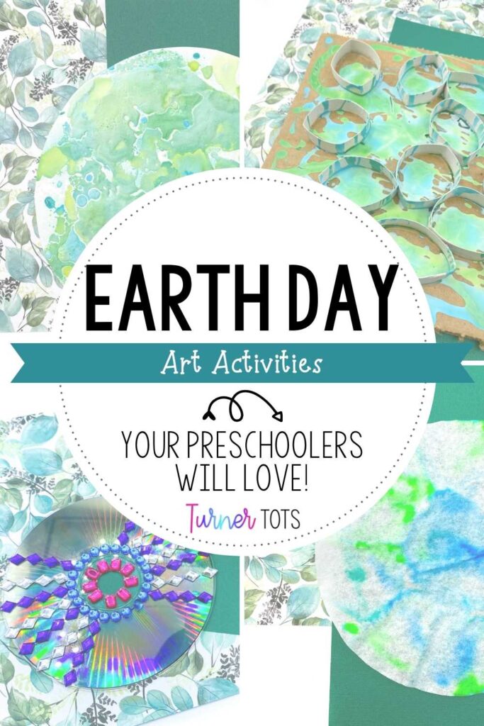 Earth Day art activities for preschoolers with pictures of fizzy paintings, upcycled crafts, Earth Day directed drawings, recycled art projects, and coffee filter art ideas for kids.