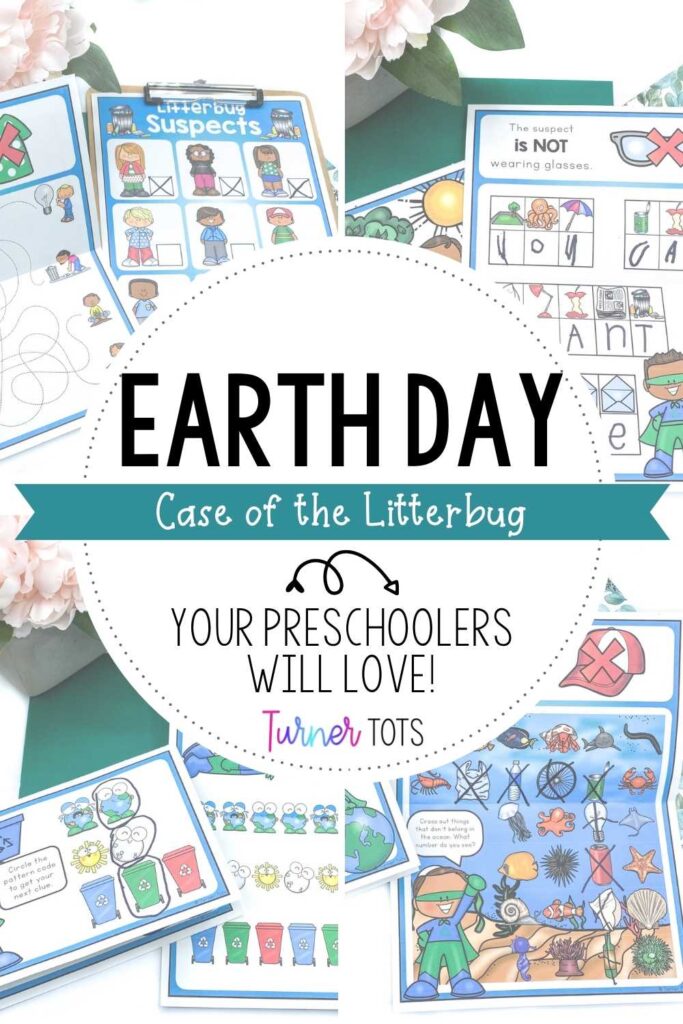 Earth Day mystery for kids includes a suspect list, an initial sound clue, pattern clue, and different number clues for preschoolers to solve the Case of the Litterbug.