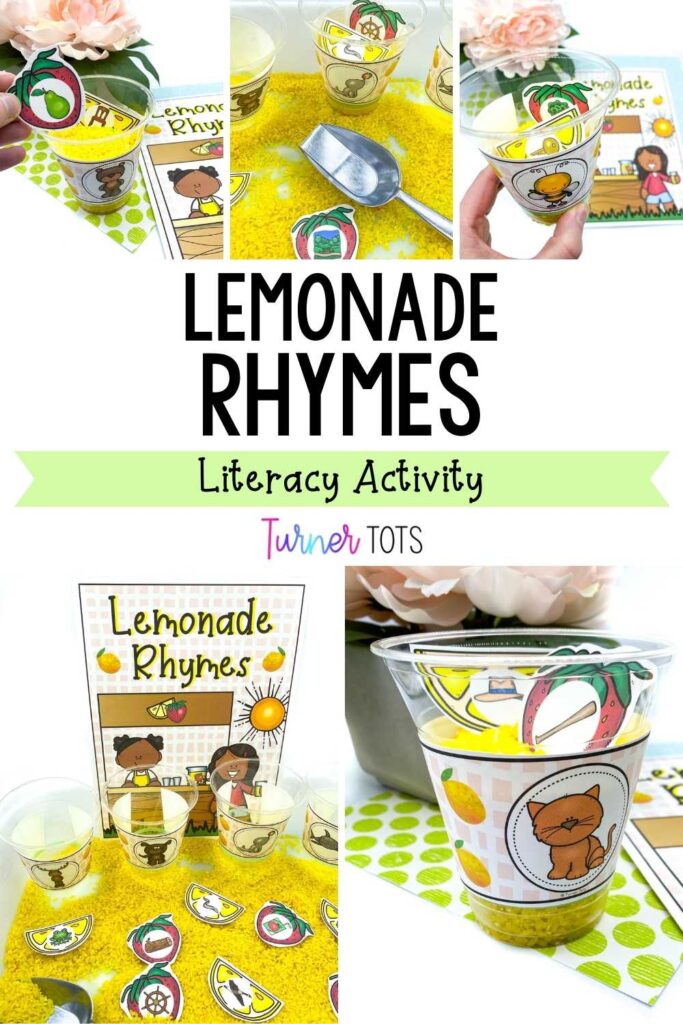 Lemonade rhyming activity includes a sensory bin with yellow rice and printouts of strawberries and lemons. Preschoolers grab a cup with an animal on the label and find the strawberry and lemon that rhyme with the animal.