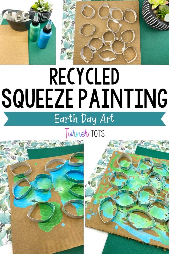 Recycled Squeeze Painting Earth Day art has four photos of paper tubes cut into small circles and arranged on cardboard with green and blue paints.