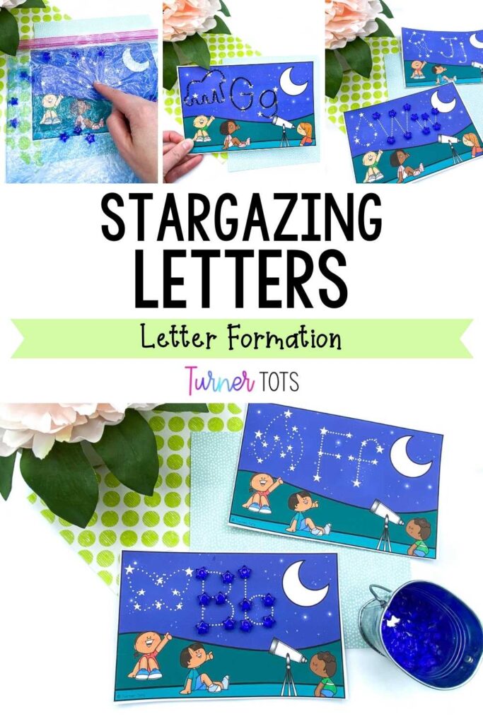 Stargazing Letters includes letters of the alphabet and initial sound pictures made from stars for preschoolers to trace, place stars on top, or pair with a sensory bag to practice letter formation and fine motor skills.