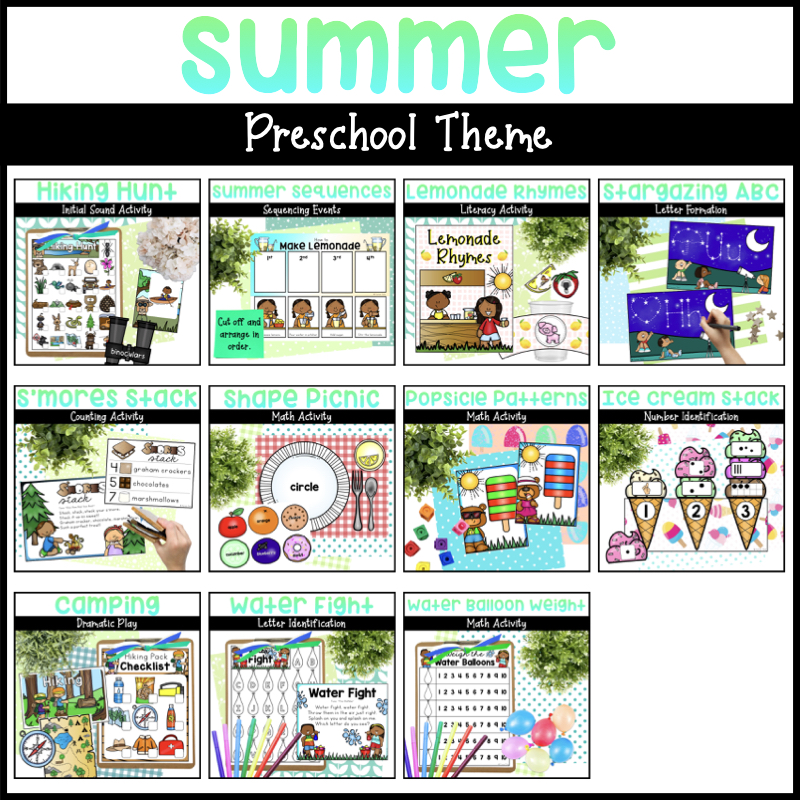 Summer preschool theme includes hands-on activities for literacy centers, math centers, and camping dramatic play.