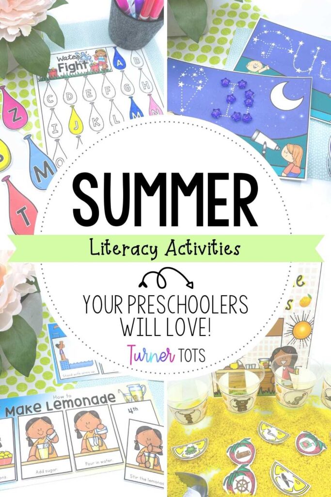 Summer literacy activities for preschoolers with images of a water balloon fight letter identification game, stargazing letters for letter formation, summer sequence cards, and a lemonade rhyming sensory bin.