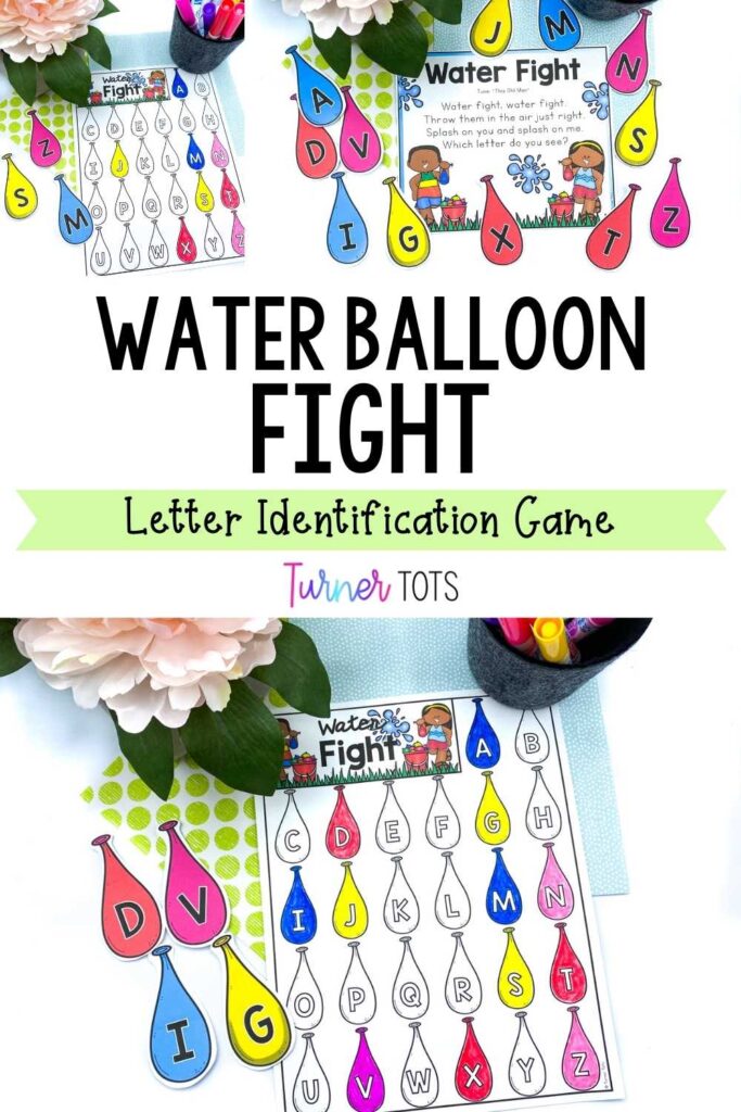 Water balloon fight letter identification game includes water balloon printouts with letters of the alphabet and a recording sheet as one of our summer preschool activities.