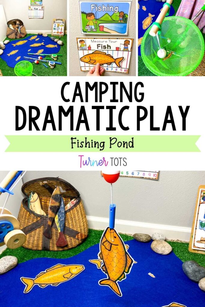 One area of the camping dramatic play area includes a fishing pond made out of blue felt and printable fish in different sizes for preschoolers to fish out of the pond using a magnetic fishing pole and measure on the chart.