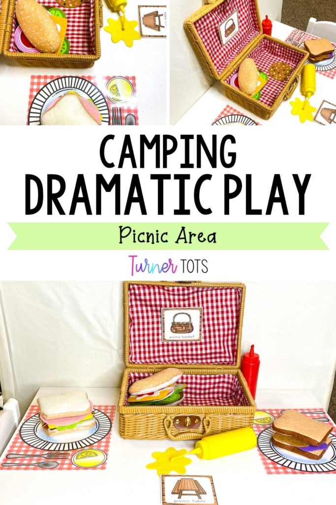 The picnic area includes a picnic basket with felt sandwiches and printable placemats for toddlers to pretend to eat while camping.