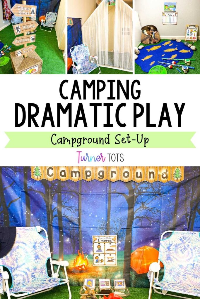 Camping dramatic play center with folding chairs around a pretend campfire, campground sign, signs to the hiking area, fishing area, picnic area, and a tent for preschoolers to pretend to go camping.
