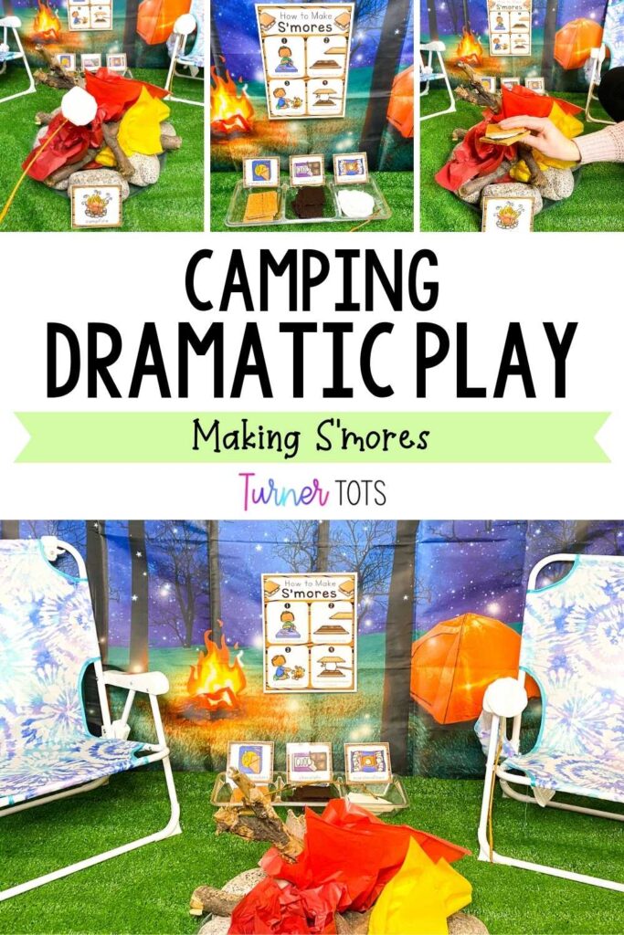 This camping dramatic play includes folding chairs around a pretend fire for preschoolers to pretend to make s’mores. There are step-by-step instructions for making s’mores hanging on the campground background.