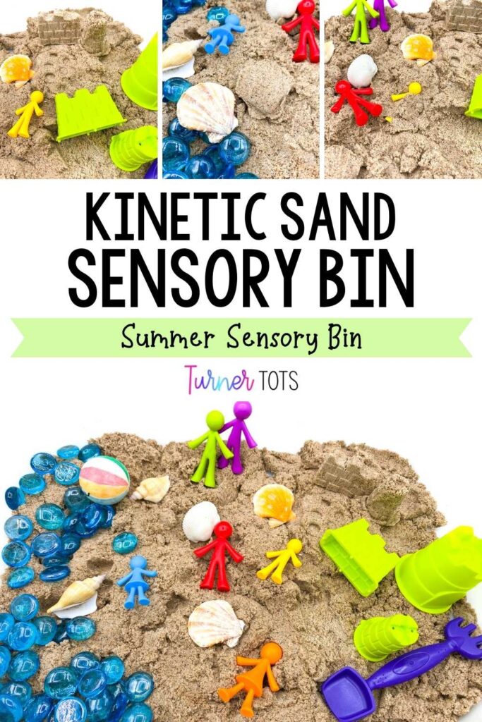 A tub full of Kinetic Sand, sandcastle buckets, blue gems, shells, and people counters for preschoolers to work on fine motor skills in a summer sensory bin.