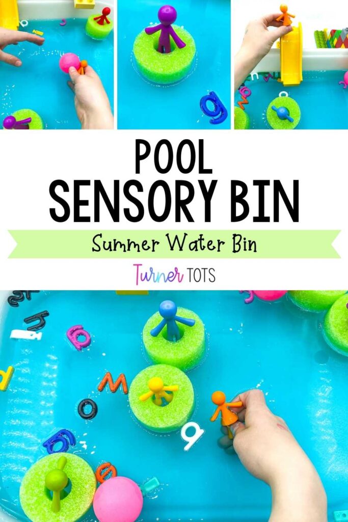 Water bin for toddlers filled with blue water, pool noodle slices, letters, and people counters for preschoolers to play with the pool sensory bin.