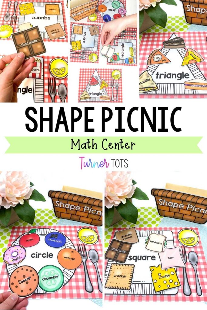 Shape picnic includes printouts of foods that preschoolers have to sort according to their shape onto the matching shape plate as one of our summer math activities for preschoolers.