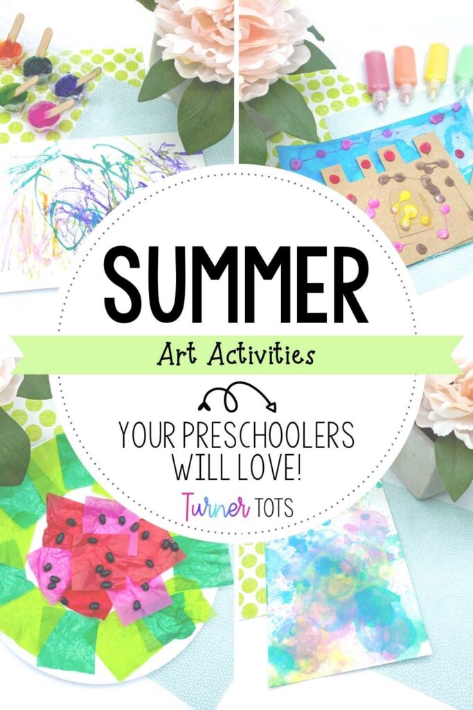 Summer art projects for preschoolers include painting with ice process art, sandcastle art project, watermelon craft, and painting with bubbles.