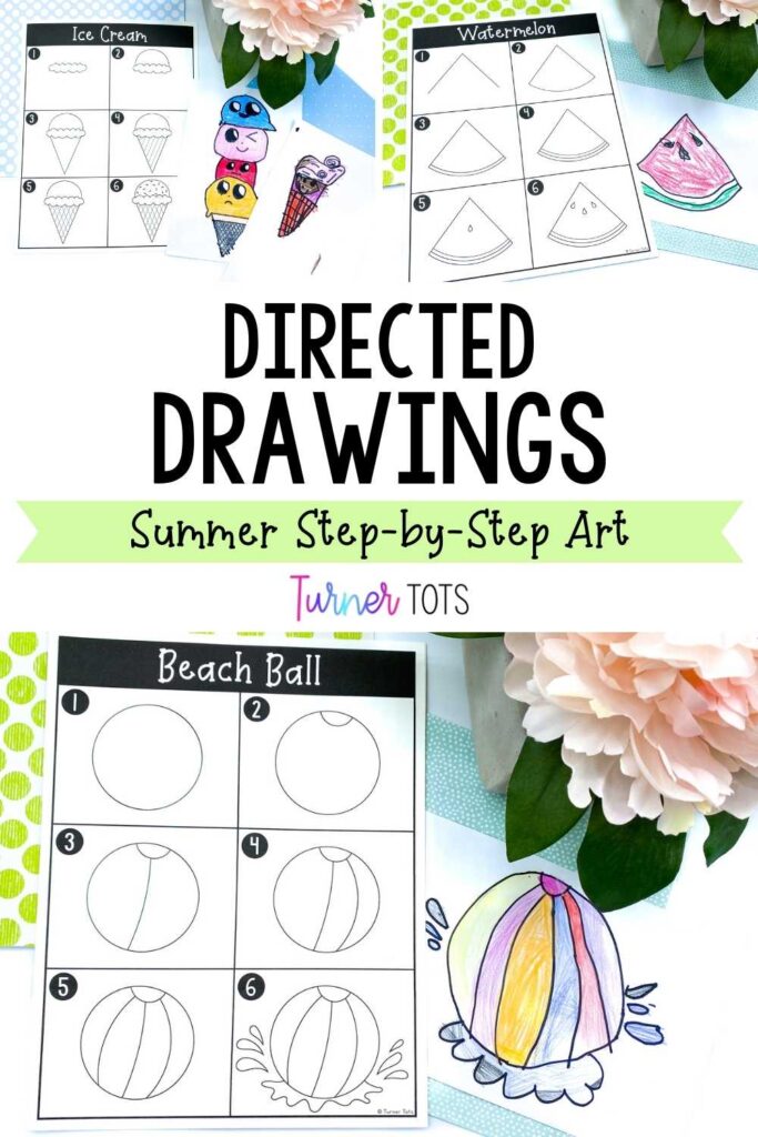 Summer directed drawings include step-by-step instructions on posters for drawing an ice cream cone, watermelon slice, and a beach ball.