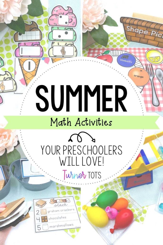 Summer math activities for preschoolers like stacking numbered ice cream cones, sorting shapes at the shape picnic, making s’mores by counting the recipe cards, and weighing the water balloons.