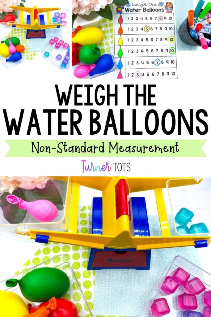 Weigh the water balloons in different sizes to weigh on the balance scale with plastic ice cubes as a non-standard measurement activity.