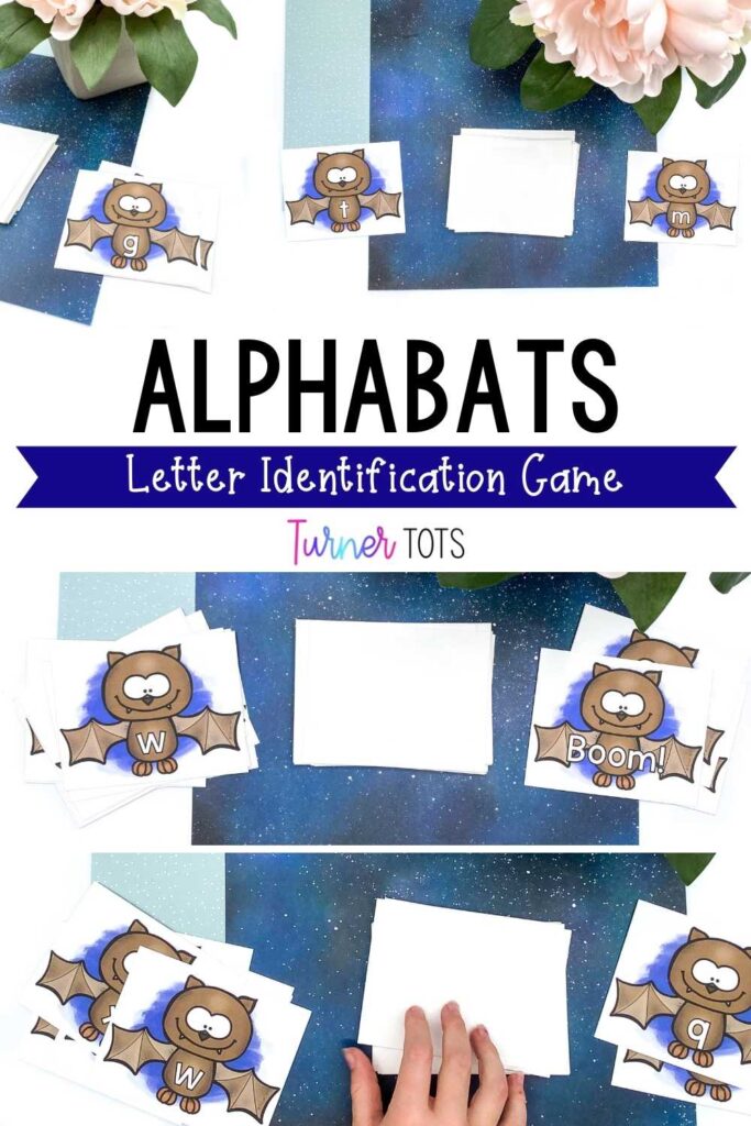 This bat alphabet game is played like “Kaboom!” in which preschoolers turn over cards with lettered bats, identify the letter, and put back cards when they get “Boom!”