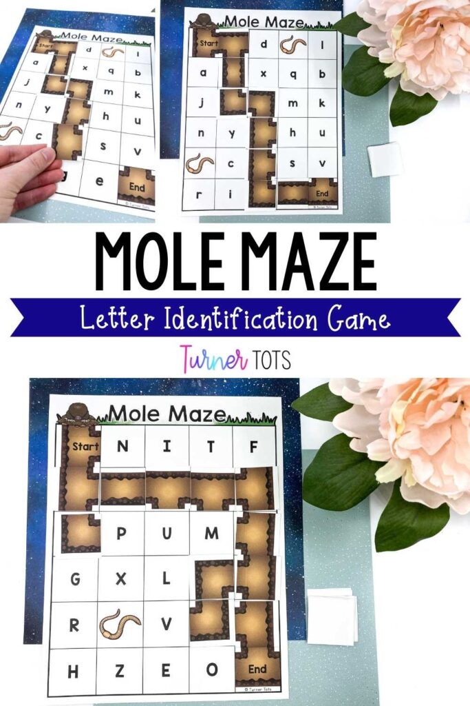 Mole letter maze activity for preschoolers includes placing dirt pieces on top of the letters to make a tunnel from start to finish.