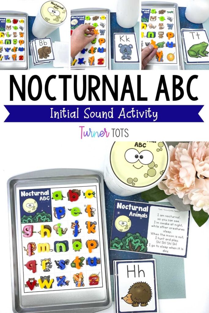 One of our nocturnal animal activities includes pictures of nocturnal animals for every letter of the alphabet on a magnetic tray. Preschoolers find the matching beginning sound letter and place it in a moon container.