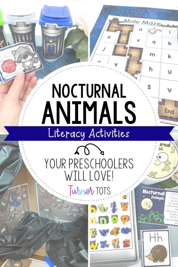 Nocturnal animals literacy activities for preschool include a mole game, bat letter activity, raccoon rhyming activity, and a nocturnal animal initial sound activity.