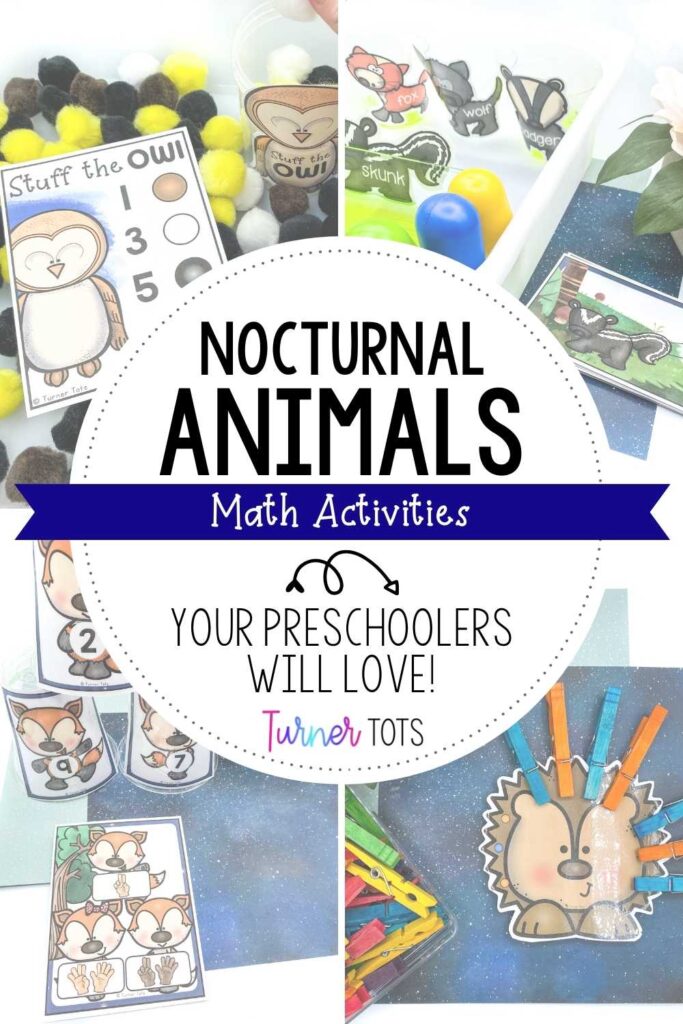 Nocturnal animals math activities for preschoolers include an owl counting sensory bin, hedgehog clothespin patterns, stacking numbered fox cups, and spraying animals with skunk spray.