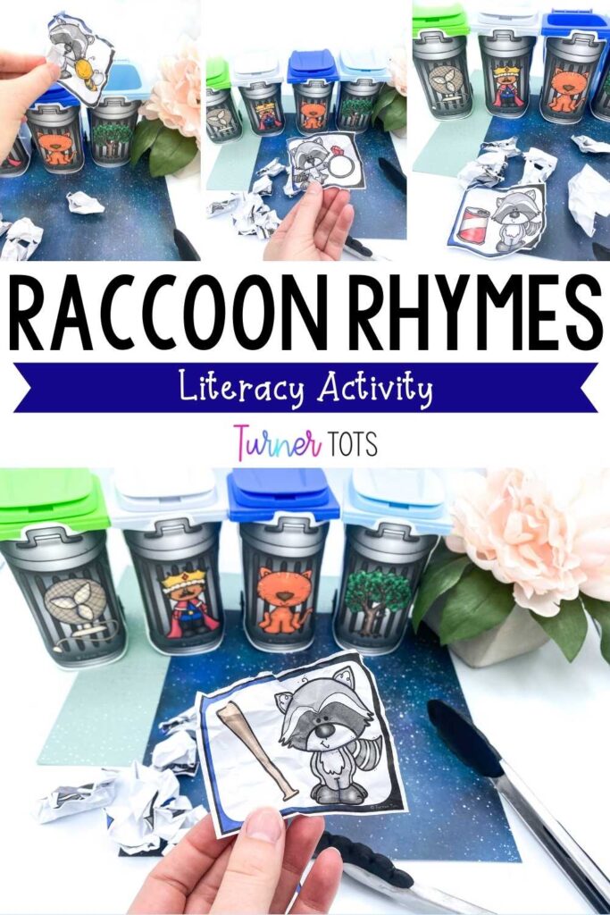 This raccoon rhyme activity gets preschoolers opening up crumpled trash and sorting it by the rhyming word next to the raccoon.