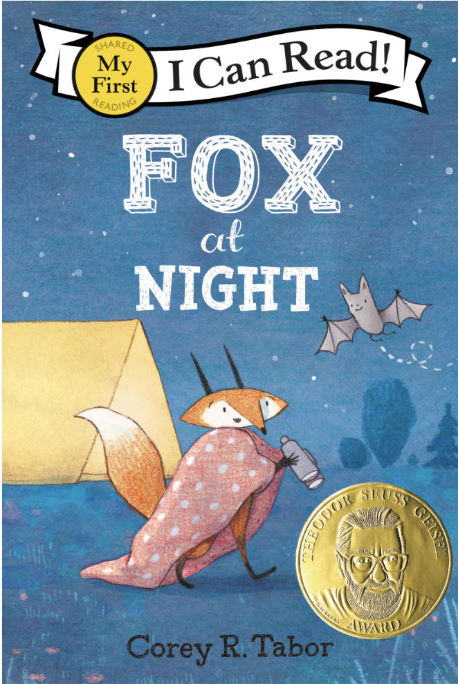 Fox at Night by Corey Tabor includes an illustrated cover of a fox wrapped in a blanket with a bat in front of a tent.