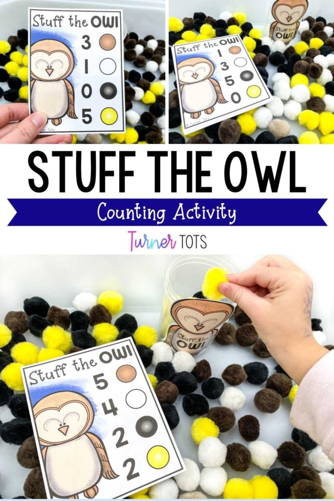 Stuff the owl counting sensory bin filled with colored pompoms for preschoolers to count into an owl cup as one of our nocturnal animal math activities.