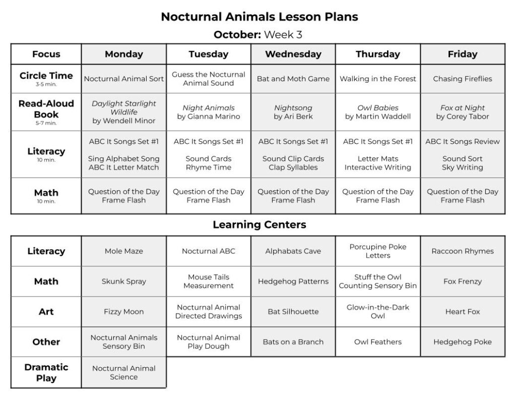 Nocturnal animals lesson plans with literacy activities, math activities, nocturnal animals books, science, and fine motor centers.