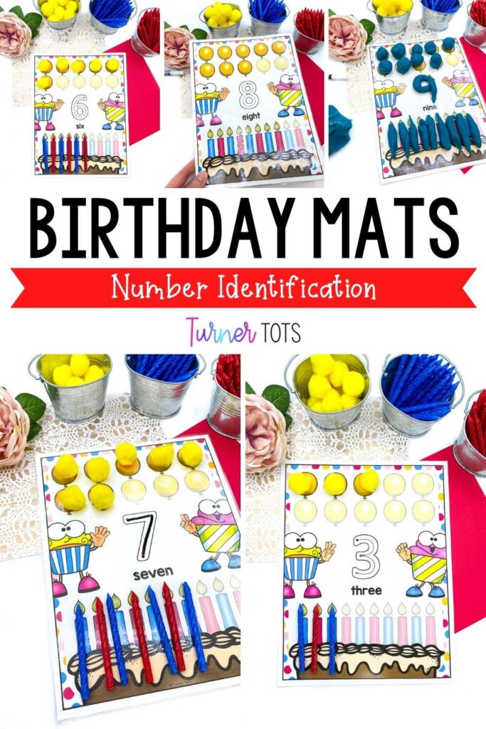 These birthday number mats include balloons in a ten frame, counting fingers on cupcakes, and candles to count for preschoolers to work on number identification.