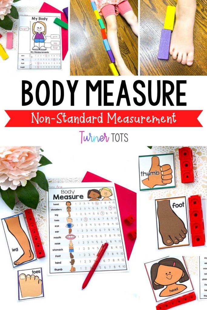 Body measurement cards with different body parts to measure with snap cubes. Preschoolers can also measure their own body parts with blocks with this all about me math activity.