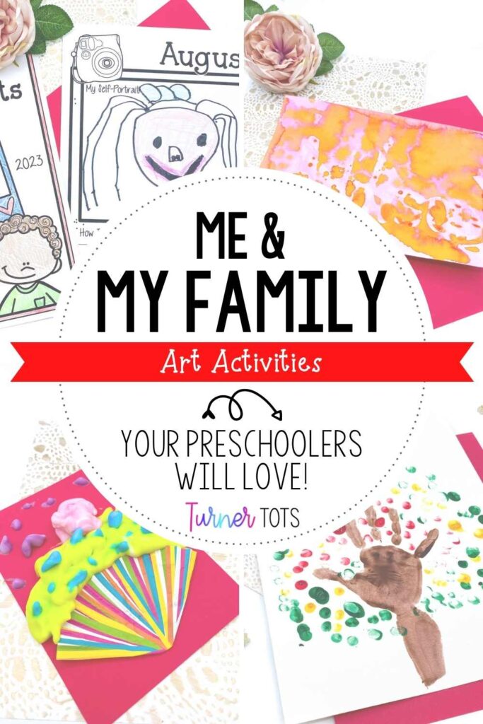 All about me art activities for preschool includes a self-portrait, watercolor name painting, puffy paint cupcake craft, and a fingerprint tree painting.
