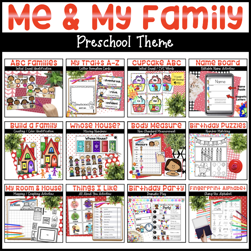 All About Me & My Family bundle with literacy activities, math activities, and birthday party dramatic play.