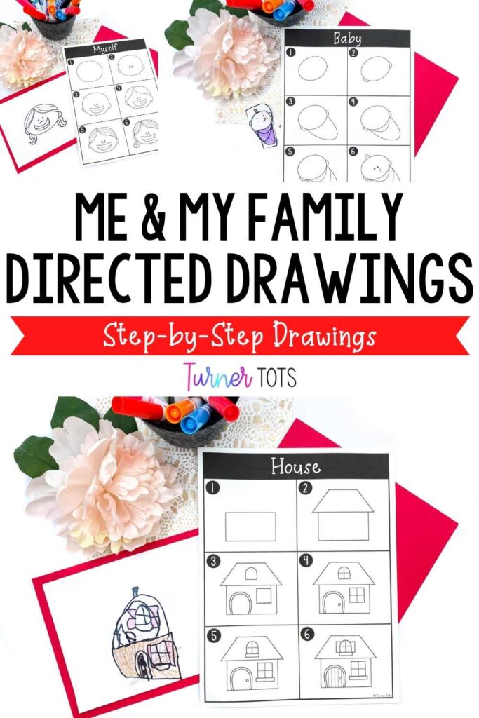 Me and my family directed drawings for kids include posters with step-by-step instructions on how to draw a baby, myself, and a house.