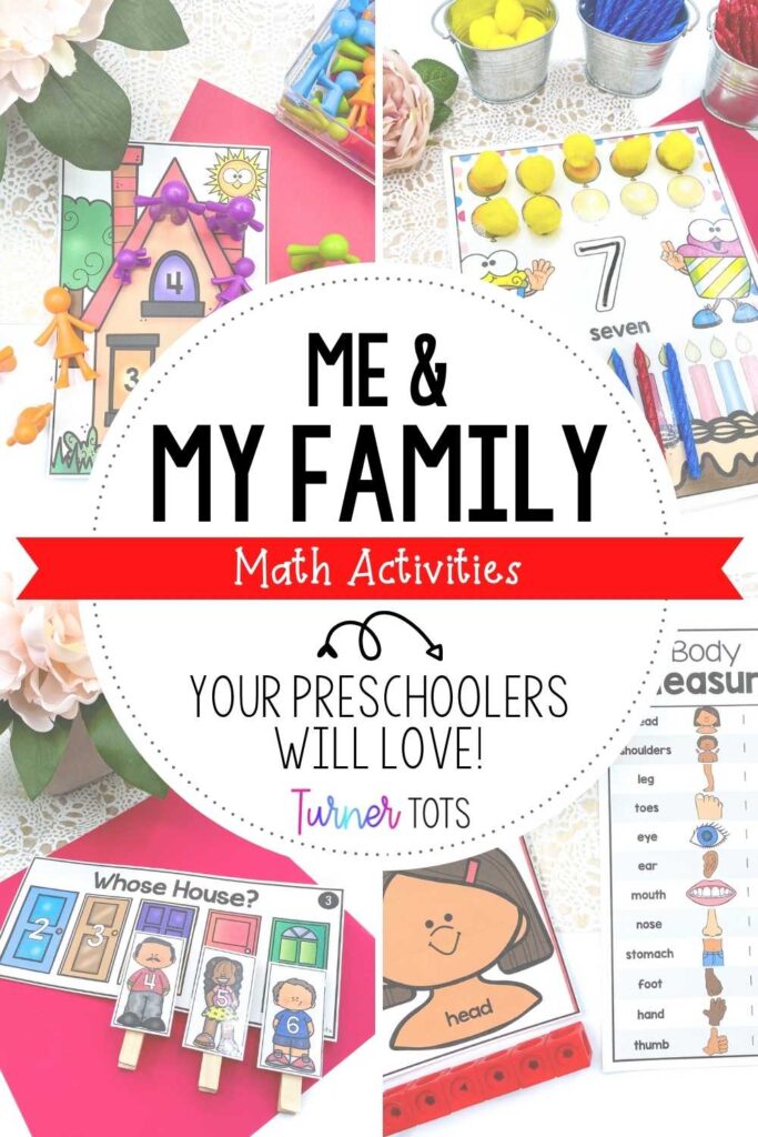 All about me & my family math activities including counting people counters onto houses, birthday number mats, doors with missing numbers, and measuring body parts.
