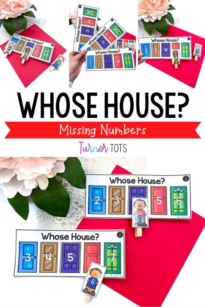 Cards with printed doors with missing numbers. Preschoolers clip on numbered people to show the missing number and whose house it is with this all about me math activity.