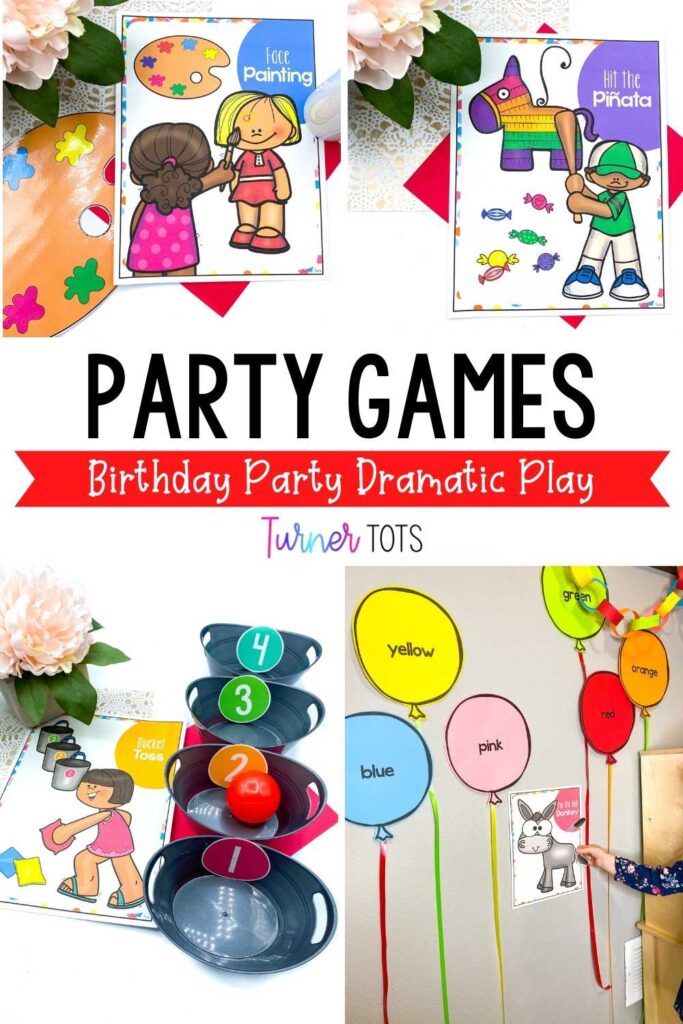 Party games for the birthday party dramatic play include face painting, pin the tail on the donkey, ball toss, and a piñata.