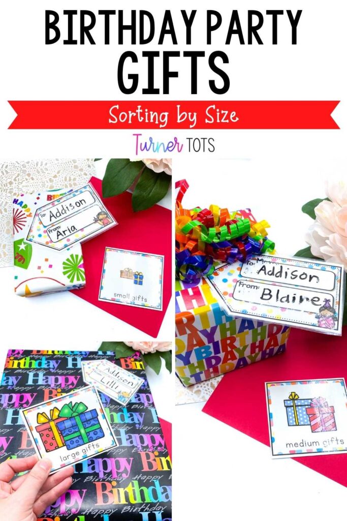 Pretend gifts for preschoolers to sort by size during the pretend birthday party.