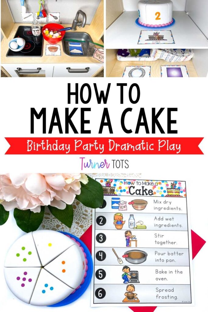 How to make a cake simple instructions for preschoolers to pretend to bake to get ready for a pretend birthday party.