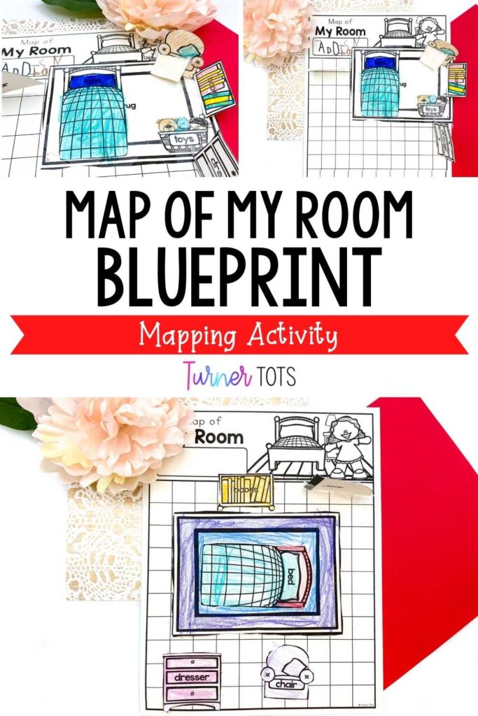 Room blueprint with printed furniture for preschoolers to place on the grid to show how their room is set up.