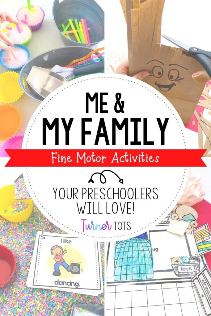 All about me and my family fine motor activities include bubble foam cupcakes, paper bag haircuts, things I like sensory bin, and a map of my room.