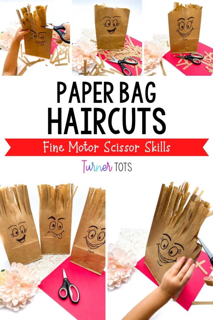Paper bags with faces and fringed hair for preschoolers to work on cutting skills as one of our all about me fine motor activities.